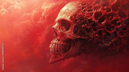 Images of imminent death in dramatic red-burgundy tones, in a dark artistic style
