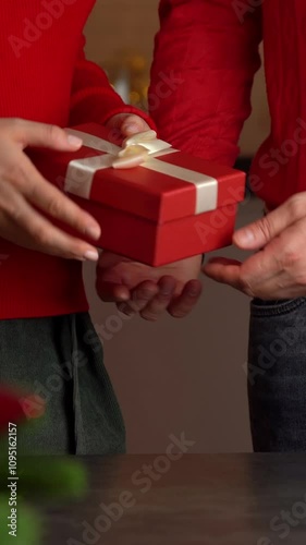Camera movement of man gives red box christmas gift to woman on background of christmas tree. Husband gives wife New Year present. Vertical shot