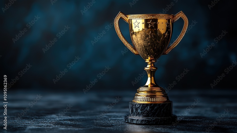 A sophisticated gold winners trophy featuring shooting stars, intended for awarding first place in a competition or championship, set against a dark blue background with ample copy space 8k Resolution A sophisticated gold winners trophy featuring shooting stars, intended for awarding first place in a competition or championship, set against a dark blue background with ample copy space 8k Resolution