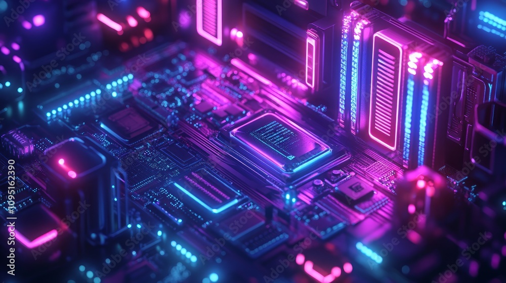 Fototapeta premium Close-up of a vibrant neon-lit computer motherboard with glowing circuits and processor.