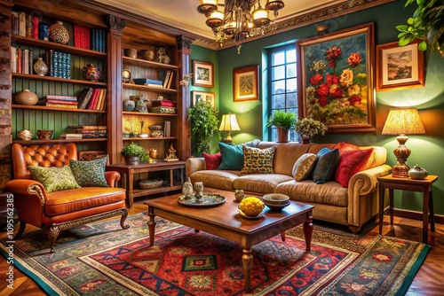 Vintage Style Living Room Detail Featuring a Cozy Sofa and Elegant Coffee Table Surrounded by Warm Lighting and Classic Decor Elements in a Charming Home Setting