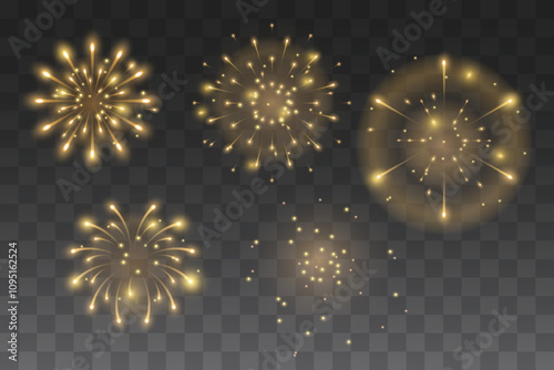 Gold, yellow, holiday fireworks on transparent background. Vector illustration
