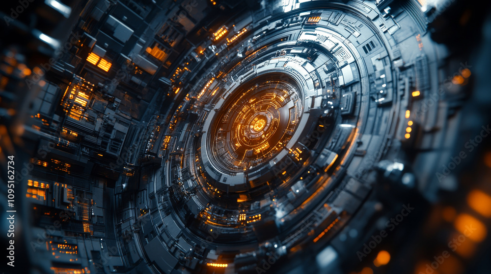 Fototapeta premium Abstract futuristic design showcasing intricate mechanical structures and glowing orange elements