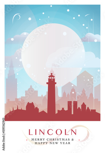 Christmas Lincoln retro poster for winter  festives, New Year in UK. Geetings, happy holidays and merry xmas from England, United Kingdom vector postcard layout