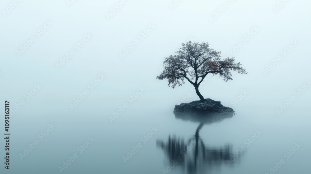 Serene Lake Solitary Tree Misty Fog Tranquil Nature Scene Serene Lake Solitary Tree Misty Fog Tranquil Nature Scene