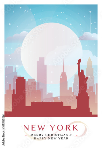 Christmas New York retro poster for winter  festives, New Year in USA. Geetings, happy holidays and merry xmas from United States of America vector postcard layout