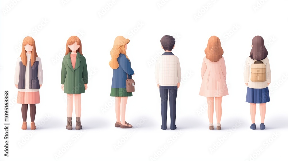 Obraz premium Stylish Diverse People Modern Fashion Illustration Back View Casual Outfits Papercraft Style