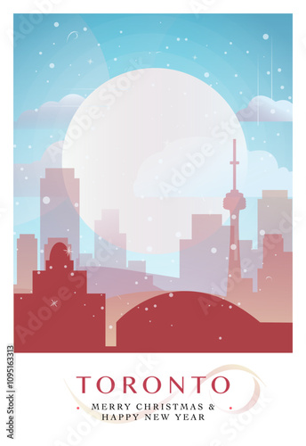 Christmas Toronto retro poster for winter festives, New Year. Geetings, happy holidays and merry xmas from Canada, Ontario province vector postcard layout
