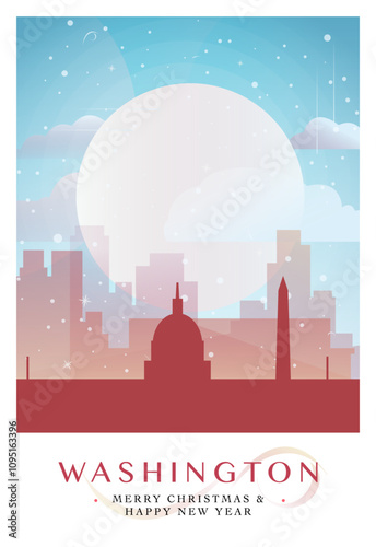 Christmas Washington D.C. retro poster for winter  festives, New Year in USA. Geetings, happy holidays and merry xmas from United States of America vector postcard layout