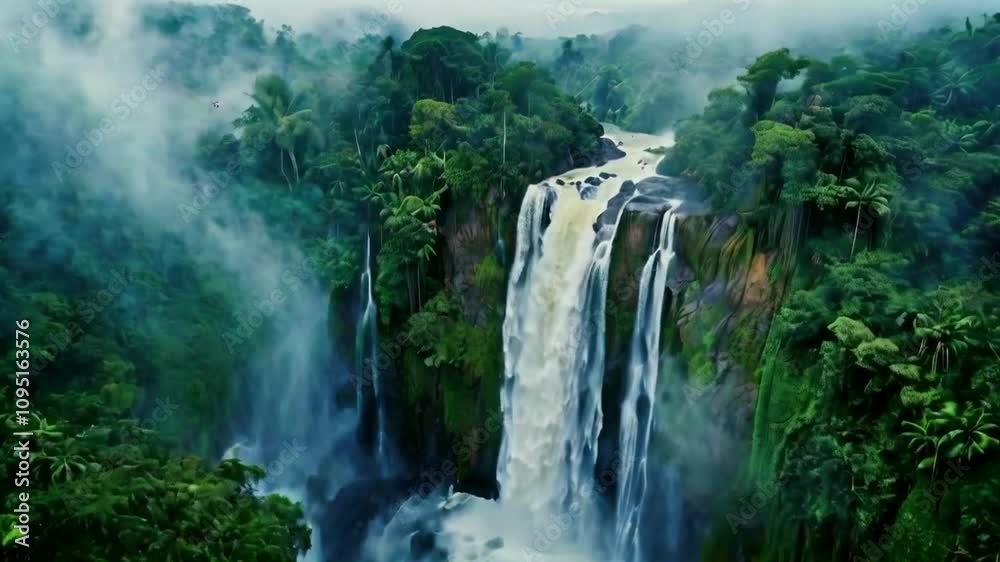 A cinematic aerial view of a cascading waterfall in a tropical rainforest, surrounded by dense greenery and mist rising from the rushing waters below