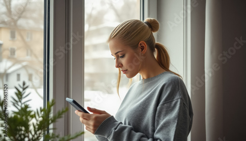 Woman in Light Blue Sweatshirt Engaged with Phone by Window with Snowy Landscape Free Download Woman in Light Blue Sweatshirt Engaged with Phone by Window with Snowy Landscape - GFXLoad