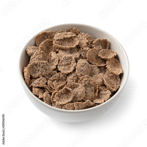 Tableau sur toile Bowl with dried buckwheat flakes isolated on white background close up