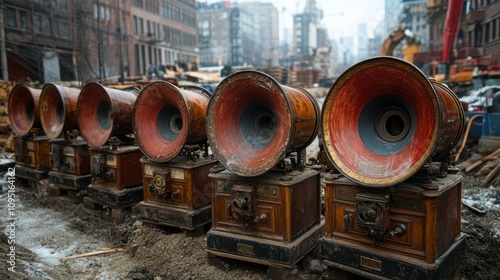 A row of vintage gramophones in an urban construction site, blending history with modernity. photo