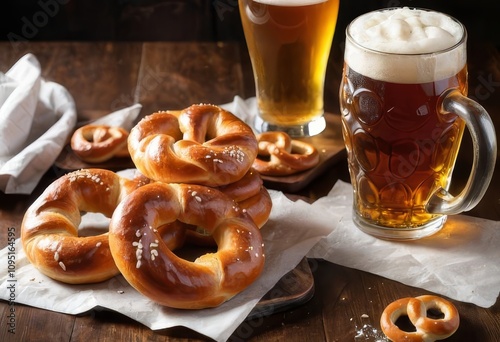 A plate of freshly baked pretzels with a glass of beer next to it