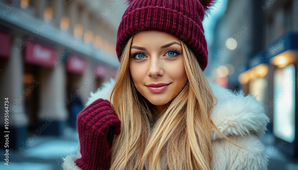 Young Attractive Blonde Woman in Cozy Winter Attire in an Urban Setting Young Attractive Blonde Woman in Cozy Winter Attire in an Urban Setting