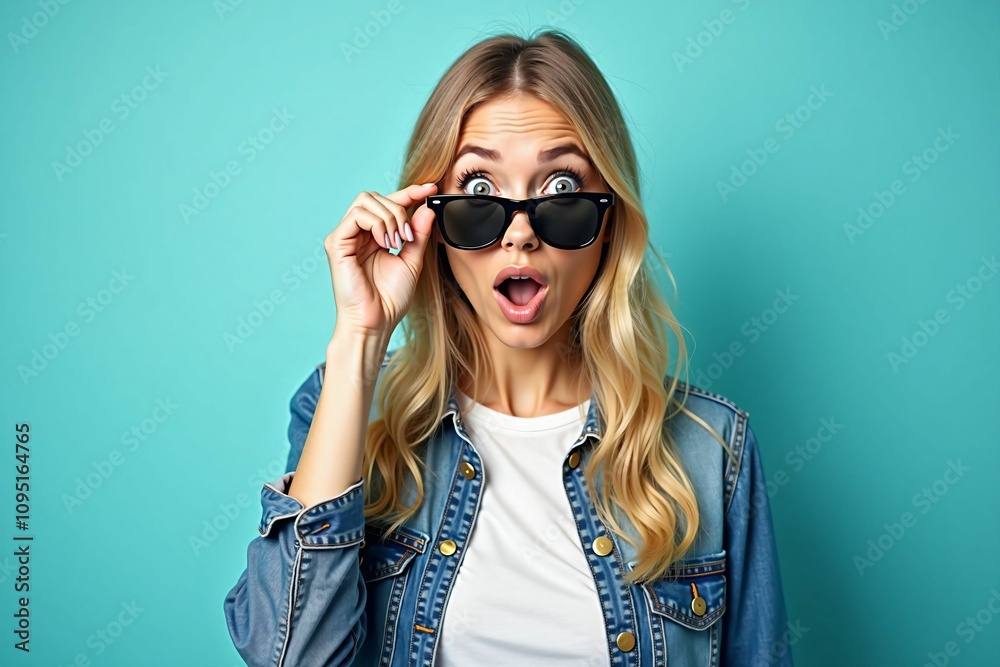 Blonde Woman Expressing Surprise in Sunglasses and Denim, Vibrant Turquoise Backdrop Blonde Woman Expressing Surprise in Sunglasses and Denim, Vibrant Turquoise Backdrop