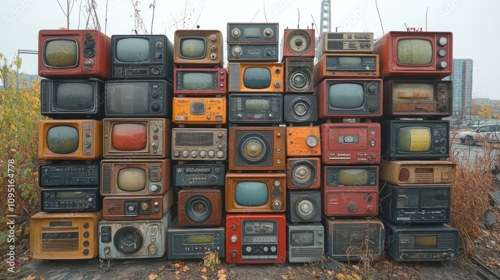 Obraz premium A collection of vintage televisions arranged in a visually striking display.