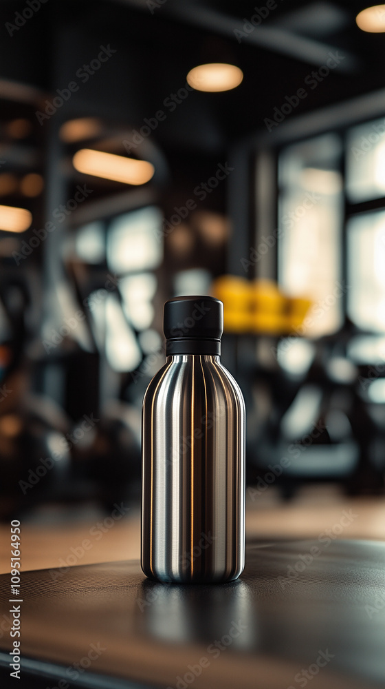 Metal gym water bottle on bench in modern fitness center Metal gym water bottle on bench in modern fitness center