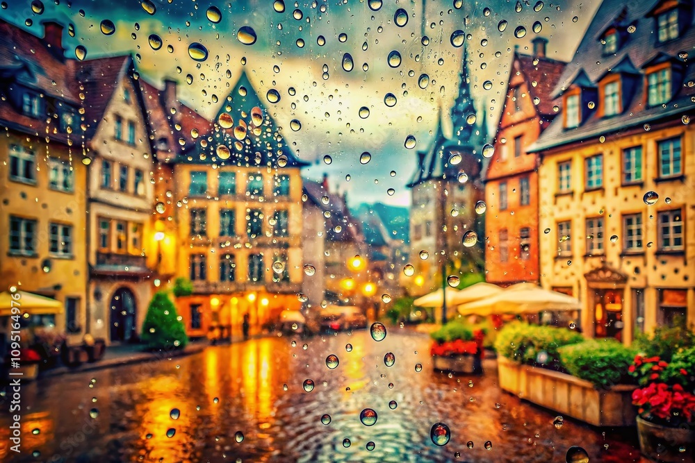 Fototapeta premium Vintage Style Photography of a Foggy European Town Through Rain-Drenched Glass, Capturing the Beauty of a Serene Morning Scene