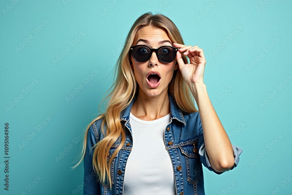 Fototapeta premium Blonde Woman Expressing Surprise in Sunglasses and Denim, Vibrant Turquoise Backdrop