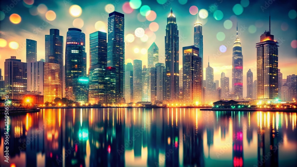 Fototapeta premium Vintage Style Photography of a Futuristic Cityscape with Glowing Lights, Capturing the Contrast between Old and New Architecture in a Dreamlike Urban Environment