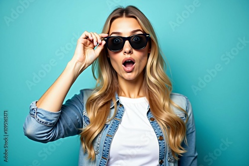 Shocked Blonde Woman in Casual Denim Jacket Adjusting Sunglasses, Isolated on Turquoise