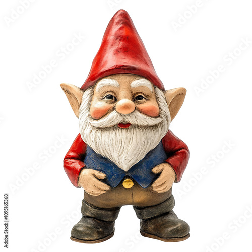 Garden gnome figurine with red hat and white beard, isolated on transparent cutout background