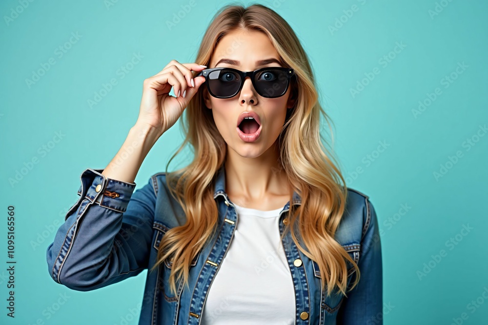 Fototapeta premium Surprised Young Woman Wearing Sunglasses and Denim Jacket Against a Turquoise Background