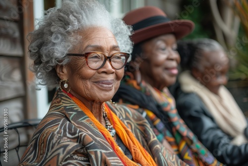 A group of older female friends from diverse ethnic backgrounds laugh together while sharing skincare tips on a cozy patio.
