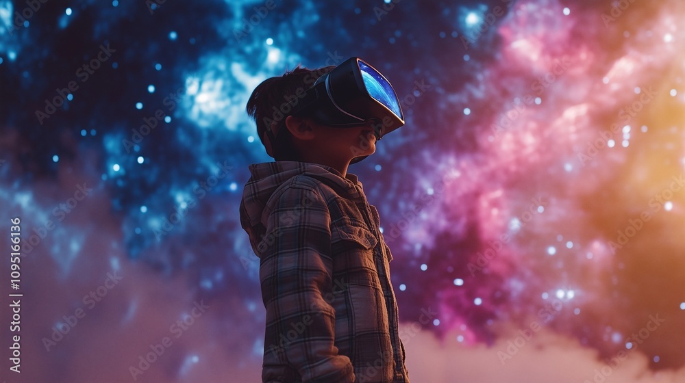 Kid Wearing VR Glasses with Space Background, Future Technology Virtual Reality Concept Kid Wearing VR Glasses with Space Background, Future Technology Virtual Reality Concept