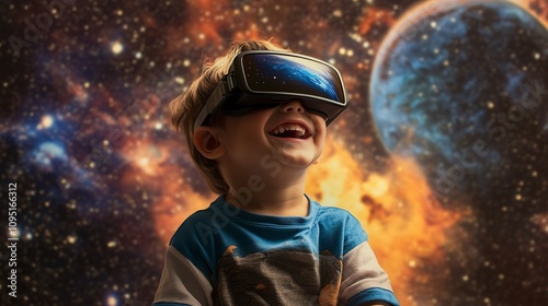 Smiling Kid Wearing VR Glasses with Space Background, Future Technology Virtual Reality Concept