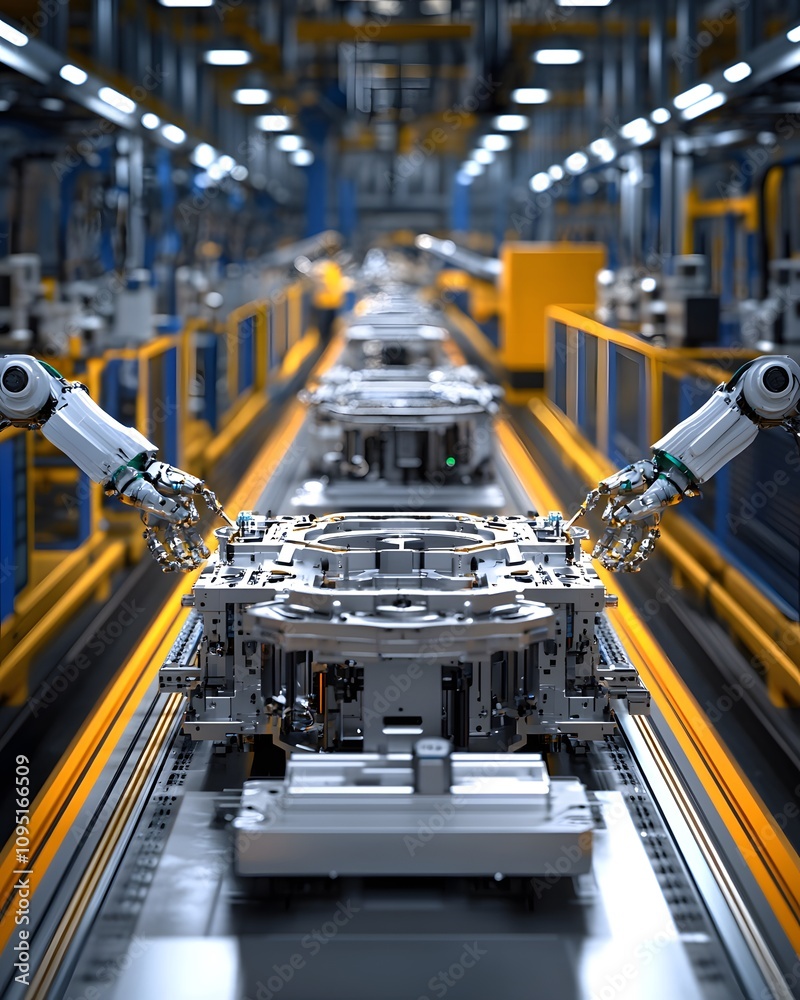 Robotic arms assembling components in a modern industrial facility. Robotic arms assembling components in a modern industrial facility.