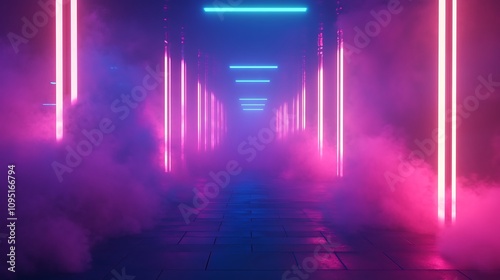 Neon Glow Corridor in a Dreamy, Digital Setting. AI Generated