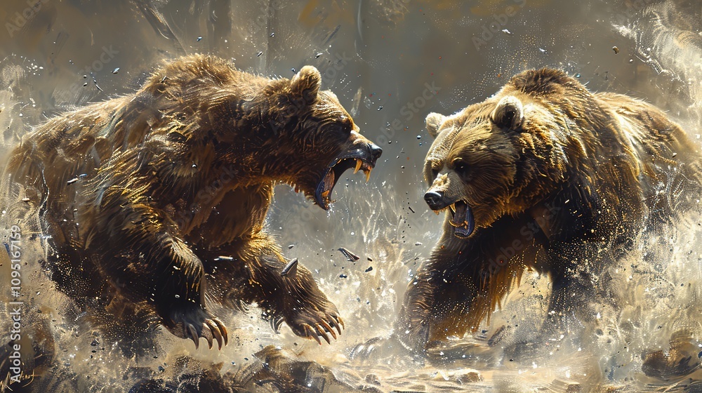 Fototapeta premium Bears engage in a fierce battle, claws and fangs bared