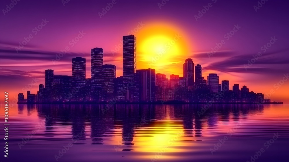 A purple city skyline with the moon rising in front of it. In retro wave style, 80s, 90s, vaporwave aesthetic A purple city skyline with the moon rising in front of it. In retro wave style, 80s, 90s, vaporwave aesthetic