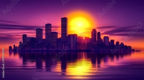 A purple city skyline with the moon rising in front of it. In retro wave style, 80s, 90s, vaporwave aesthetic