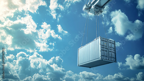 Fototapeta Naklejka Na Ścianę i Meble -  Suspended cargo container gracefully swings beneath a crane against a vivid blue sky and fluffy clouds
