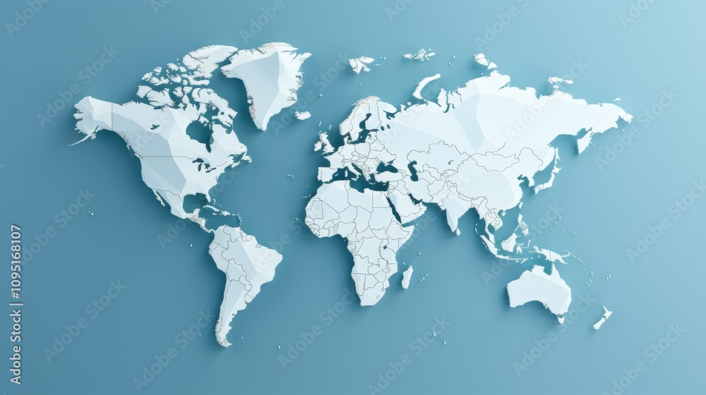 Stylish minimalistic 3d world map illustration on a soft blue gradient background design Stylish minimalistic 3d world map illustration on a soft blue gradient background design