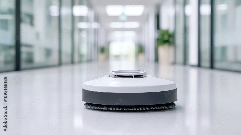 Autonomous cleaning robot navigating a modern office space. Autonomous cleaning robot navigating a modern office space.