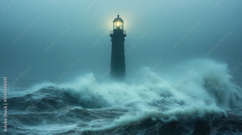 A lighthouse stands tall amidst turbulent waves and fog, guiding ships through a storm. A lighthouse stands tall amidst turbulent waves and fog, guiding ships through a storm.