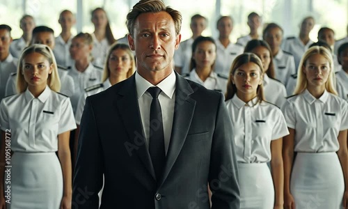 A man in a suit stands confidently before a line of women in white uniforms.
