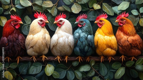 Five Roosters in a Garden photo