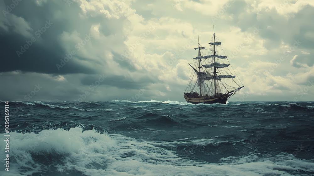 Fototapeta premium Dramatic painting of a ship battling stormy sea with crashing waves and dark clouds , stormy, sea, ship, dramatic, painting. Stormy Sea Voyage. Illustration