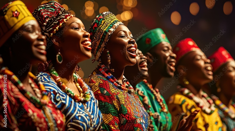 An African choir, dressed in vibrant traditional costumes, sings a joyful Christmas carol. The bright colours of their outfits and their happy expressions enhance the festive spirit.