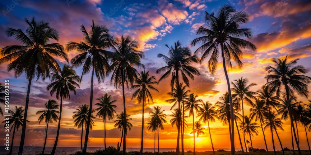 Silhouetted Palm Trees Embrace Golden Sunset Over the Ocean Silhouetted Palm Trees Embrace Golden Sunset Over the Ocean