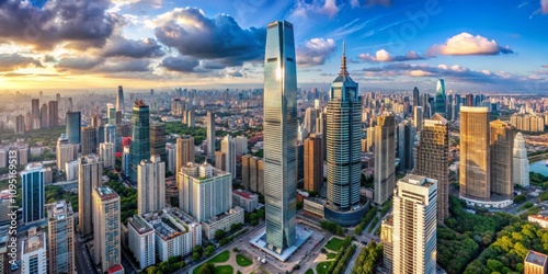 Skyline Symphony Aerial View of Shanghai's Urban Forest at Sunset with Golden Hour Light and Dramatic Clouds