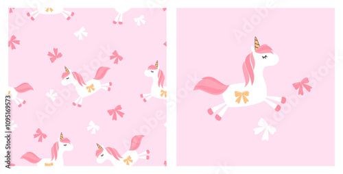 Seamless pattern with unicorn cartoons and ribbon bow on pink background.