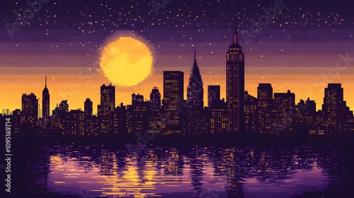 A purple city skyline with the moon rising in front of it. In retro wave style, 80s, 90s, vaporwave aesthetic