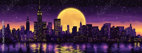A purple city skyline with the moon rising in front of it. In retro wave style, 80s, 90s, vaporwave aesthetic