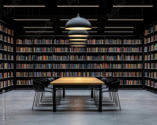 Libraryinspired office with rows of bookshelves, vintage lighting, and quiet individual desks, modern office interior design, intellectual space photo